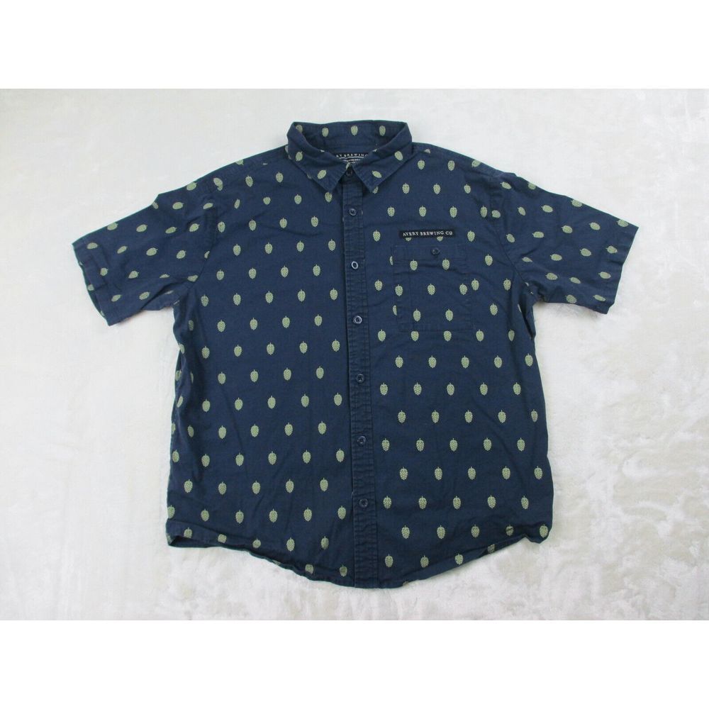 Avery Brewing Co Shirt Mens‎ Medium Blue Button Up Beer Hops Camp Casual
